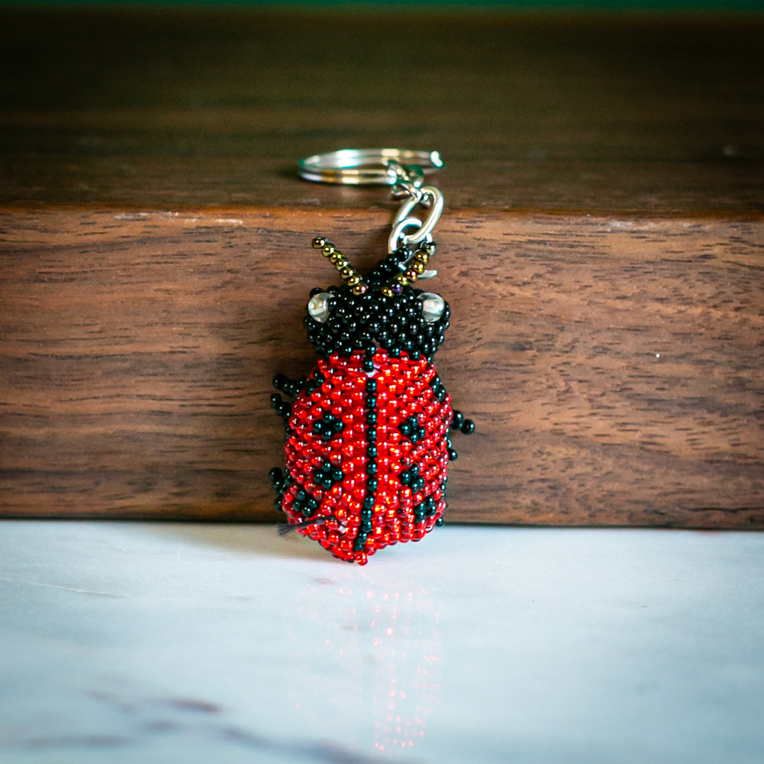 Beaded Leather Keychain and Bag Charm Handmade in Guatemala - Bright Light