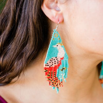 beaded fringe peacock earrings handmade guatemalan fair trade